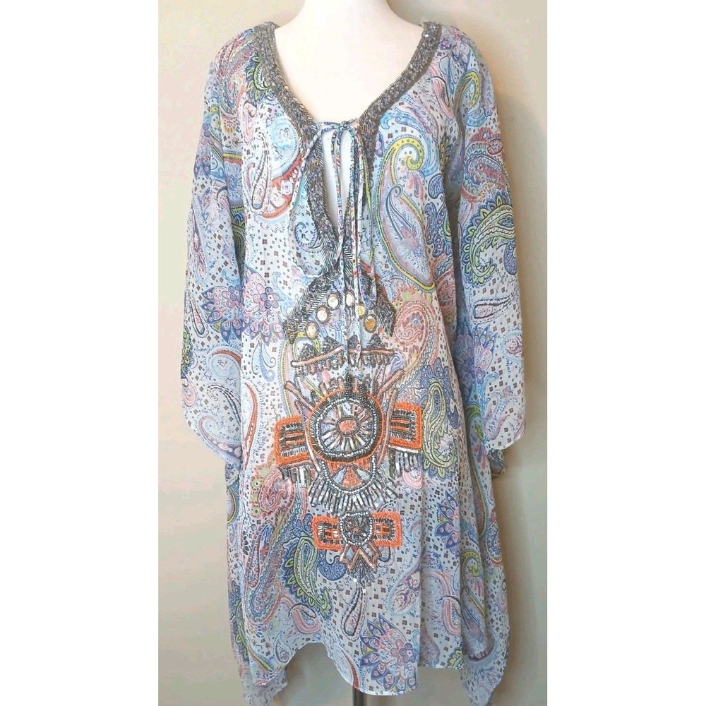 Spy Zone Exchange Kimono Sz S Flowy Sheer Beaded Multicolor Paisley Print NWT